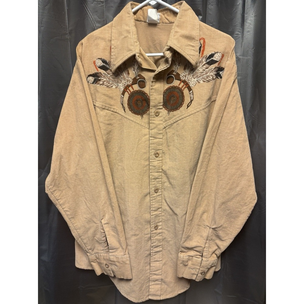 Vintage Montgomery Ward Tan Corduroy 70s Embroidered/Print Points SZ XL READ